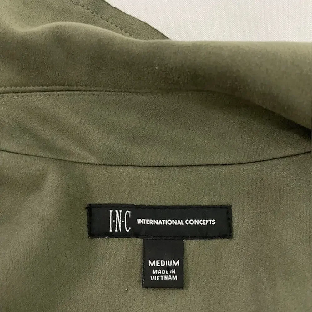 INC Medium Olive Green Faux Suede Vegan Drape Front Jacket Edgy Zipper Woman